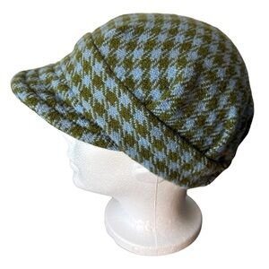 SEW INCLINED Wool Houndstooth Newsboy Poorboy Cloche Hat Green Blue Baker Boy